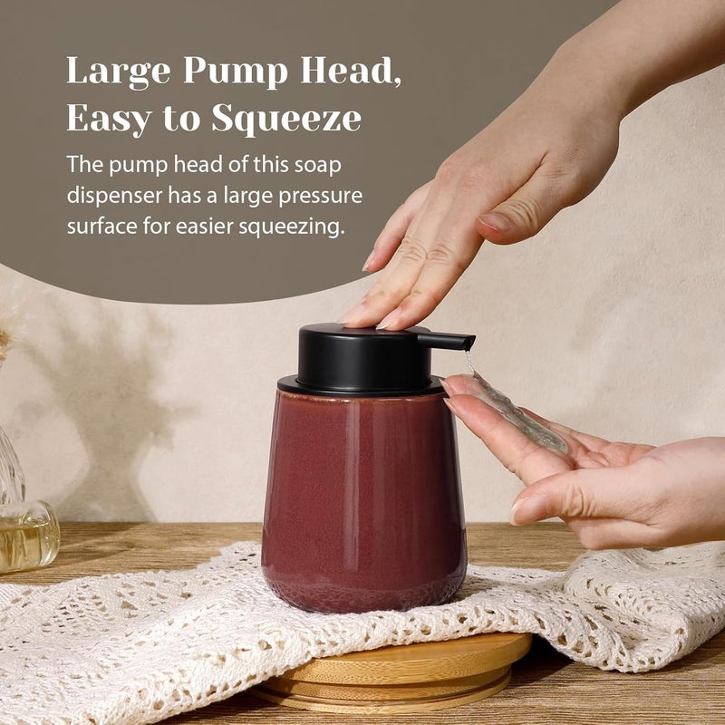 INGOFIN Ceramic Lotion Dispenser - 12 oz Refillable Hand Soap Dispenser Bathroom, Modern Liquid Soap Dispenser with Pump, Dish Dispenser for Kitchen,Kiln-Glazed Red Brown - Image 3